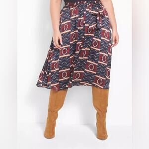Lane Bryant Printed Chiffon Accordion Pleat Midi Skirt Navy Red Batik 20